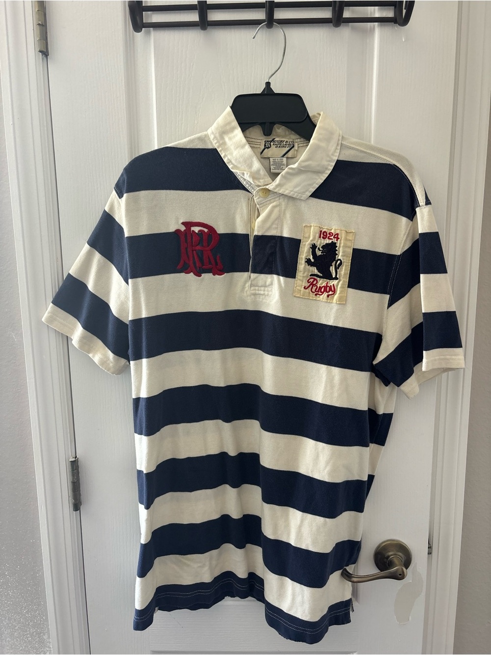 Ralph Lauren Navy and White Striped Rugby Polo with Embroidered Crest